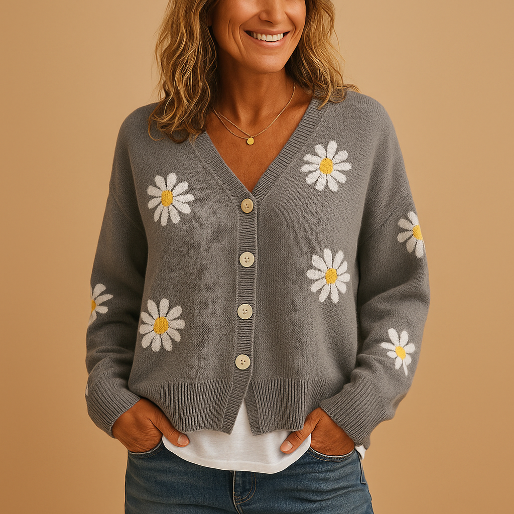 Women's Floral Knit Cardigan V-Neck Long Sleeve Button-Front Casual
