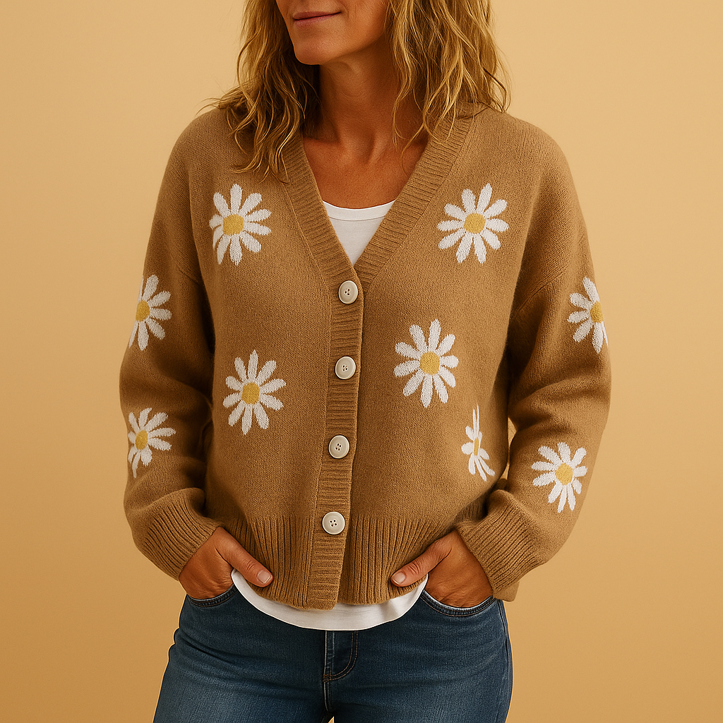 Women's Floral Knit Cardigan V-Neck Long Sleeve Button-Front Casual
