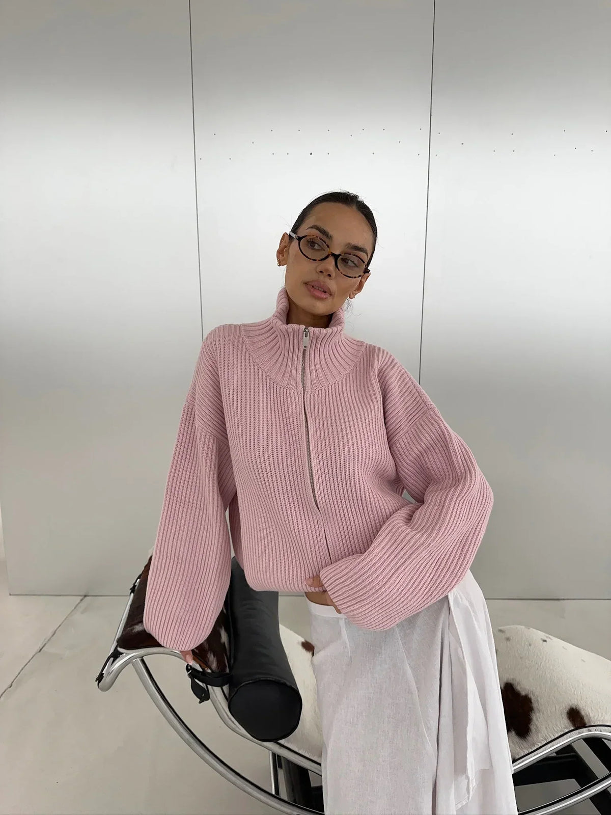 Women's Ribbed Zip Up Cardigan – Funnel Neck Balloon Sleeve Pink Knit Sweater