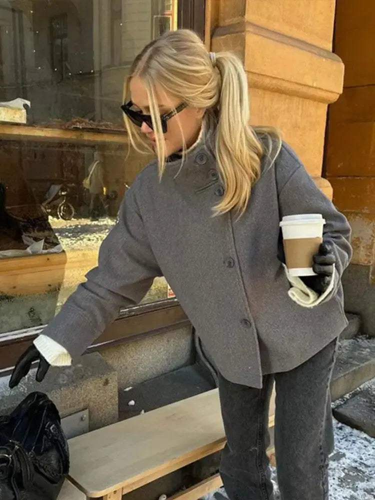 Women's Asymmetric Button Jacket High Neck Long Sleeve Cropped Winter Outerwear
