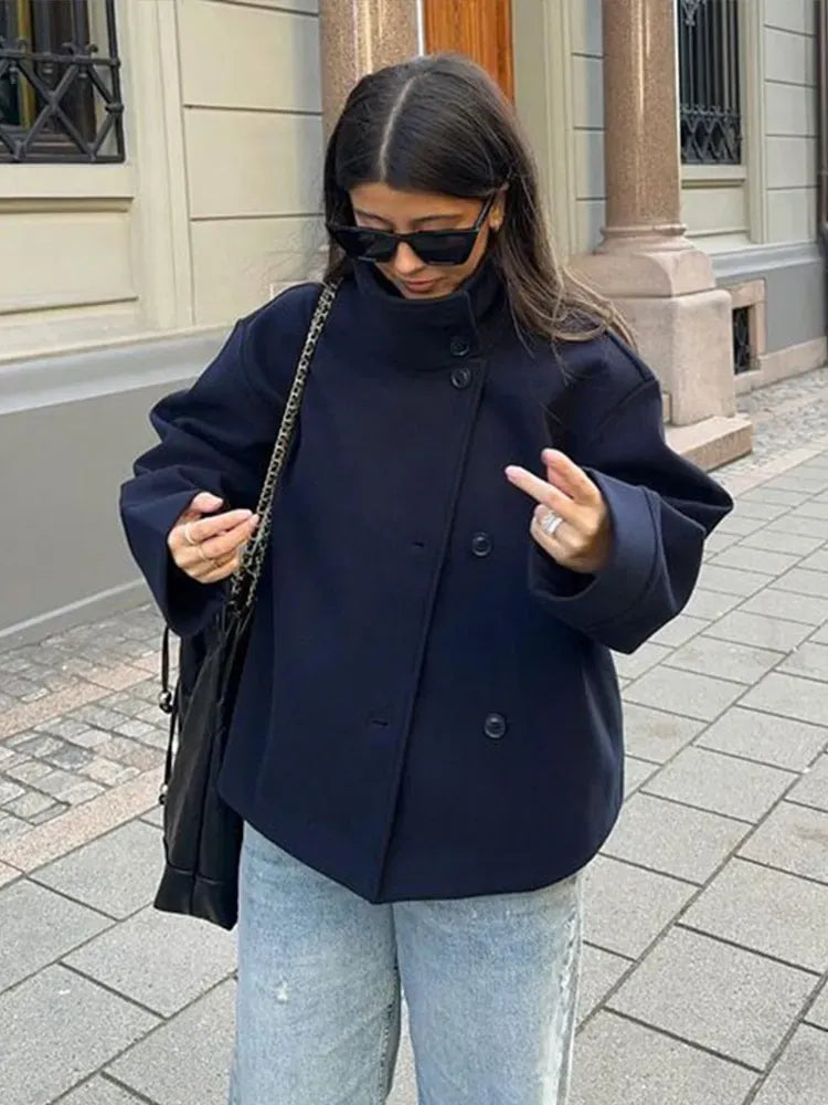 Women's Asymmetric Button Jacket High Neck Long Sleeve Cropped Winter Outerwear