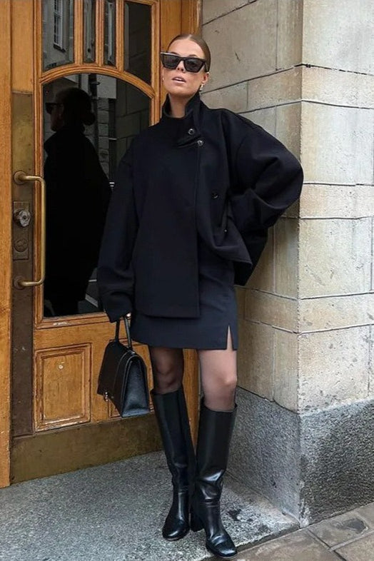 Women's Asymmetric Button Jacket High Neck Long Sleeve Cropped Winter Outerwear