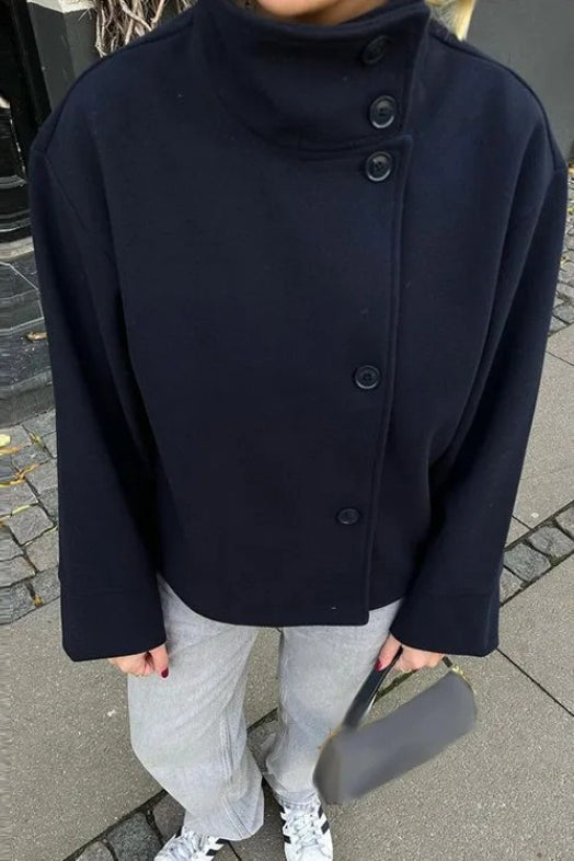 Women's Asymmetric Button Jacket High Neck Long Sleeve Cropped Winter Outerwear