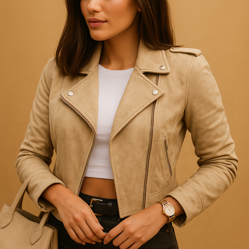 Women's Cropped Moto Jacket Zip-Up Snap Lapel Long Sleeve Casual