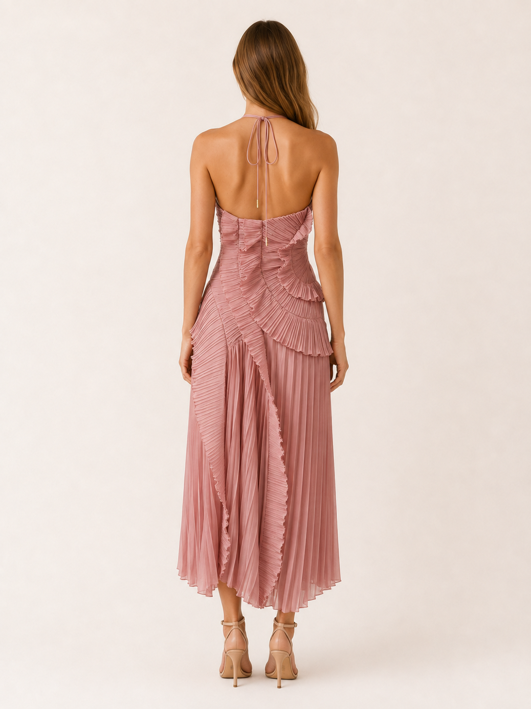 Women's Halter Neck Maxi Dress Pink Ruffle Pleated Asymmetric Hem Party