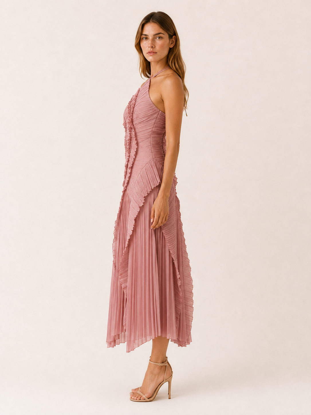 Women's Halter Neck Maxi Dress Pink Ruffle Pleated Asymmetric Hem Party