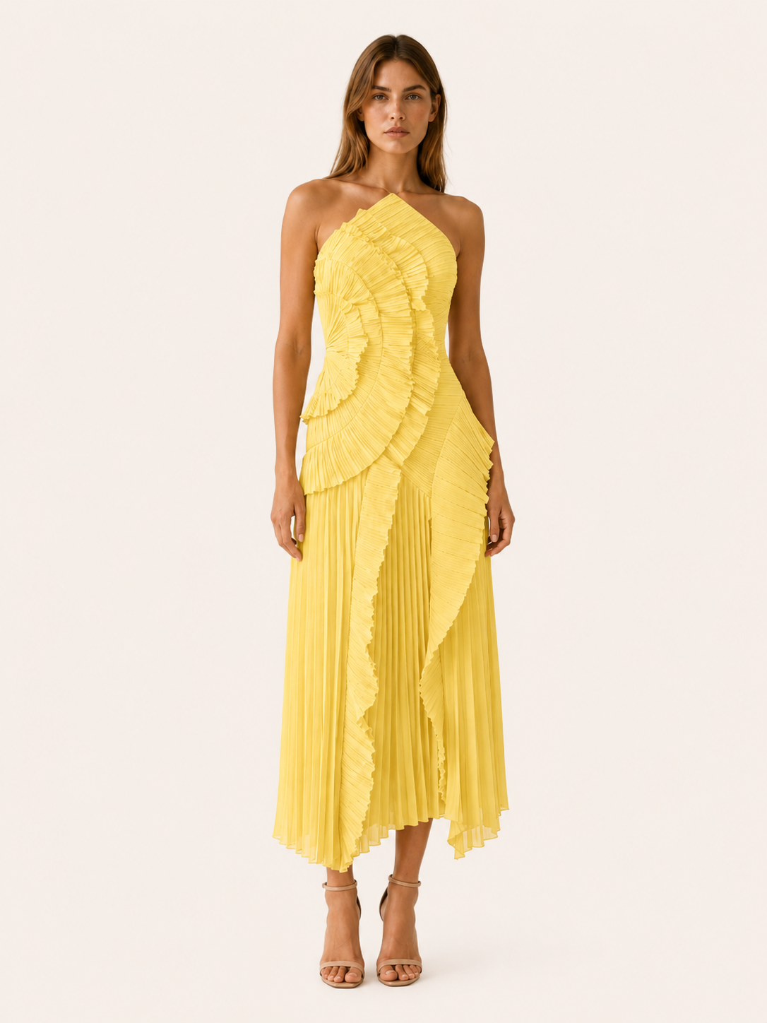Women's Halter Neck Maxi Dress Pink Ruffle Pleated Asymmetric Hem Party