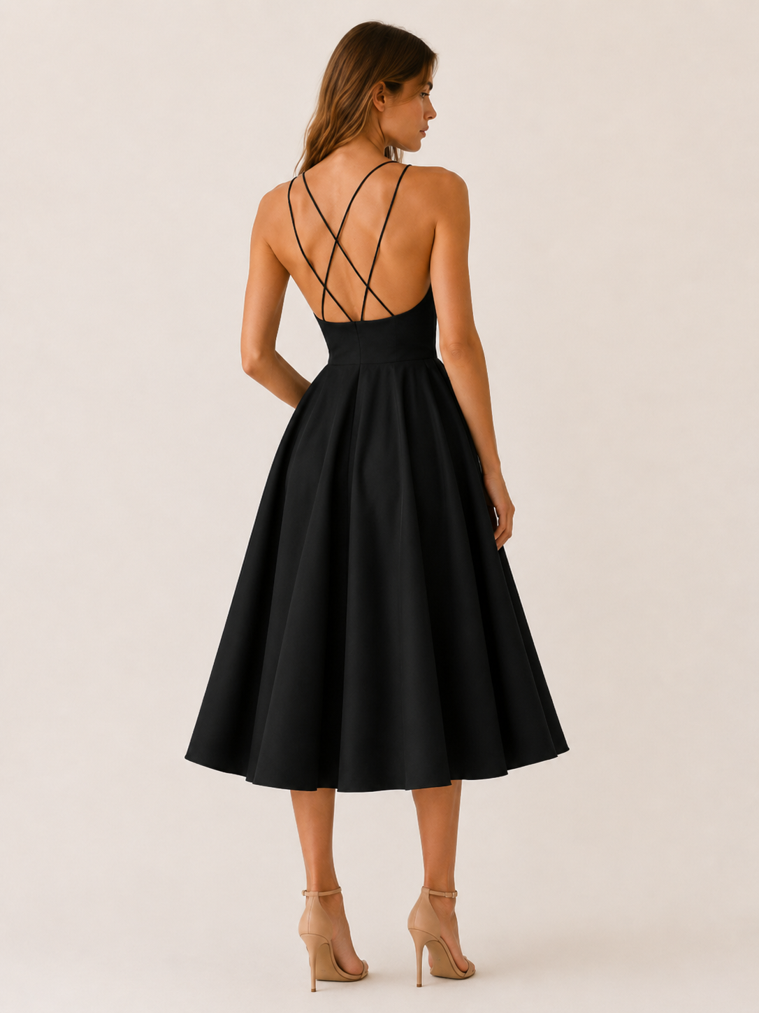 Women's Strappy Midi Dress V-Neck Cross Back Fit and Flare Party