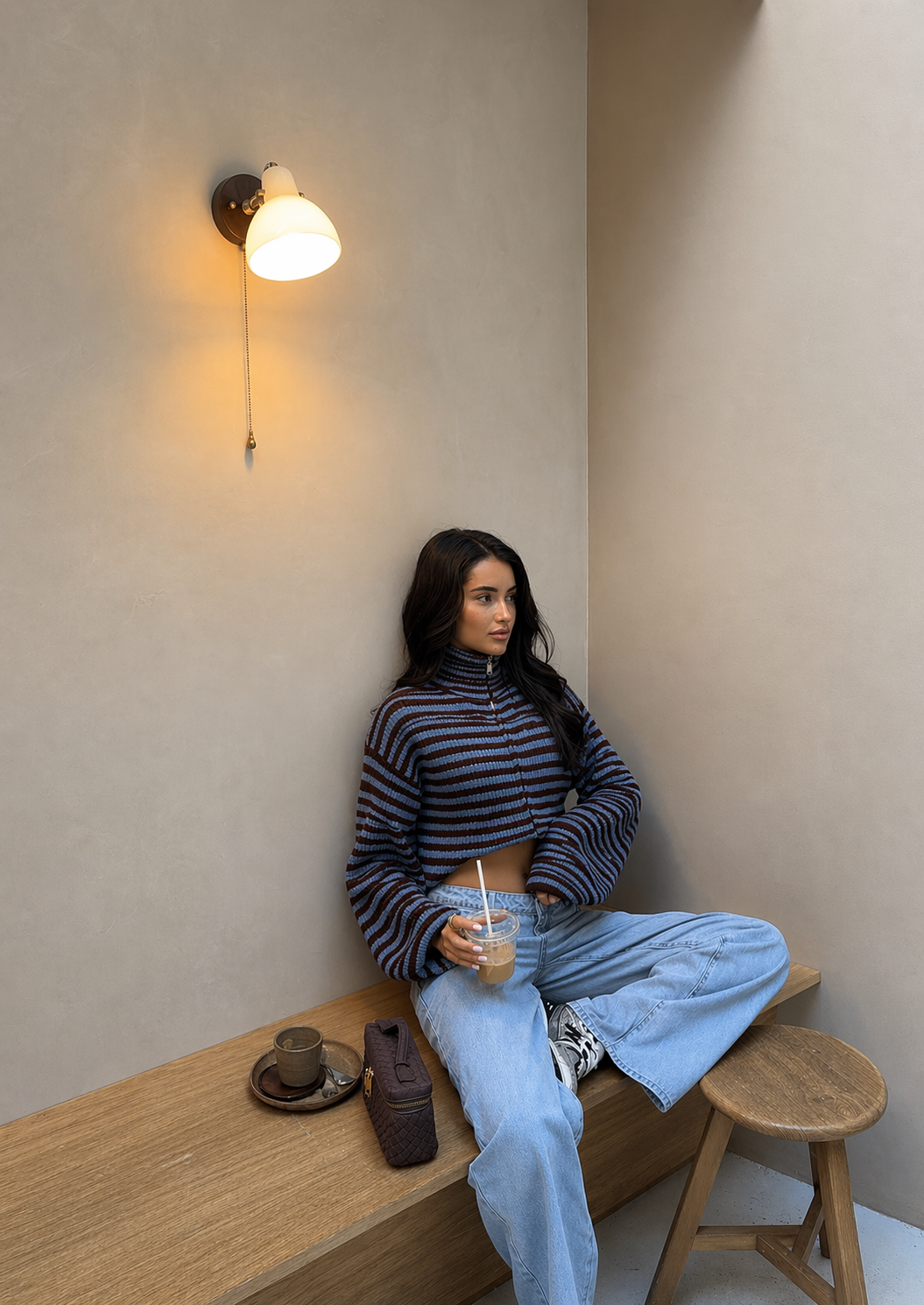 Women's Striped Cropped Cardigan High Neck Zip Front Long Sleeve Knit Sweater