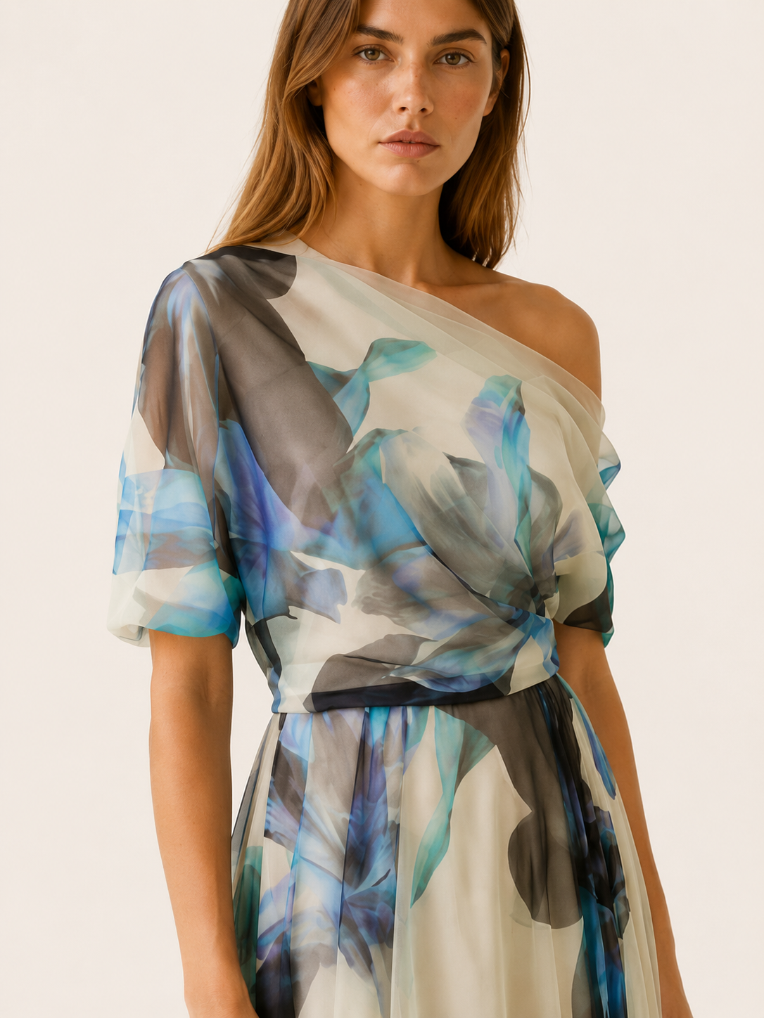 Women's Chiffon Maxi Dress Asymmetric Neckline Floral Short Sleeve Formal