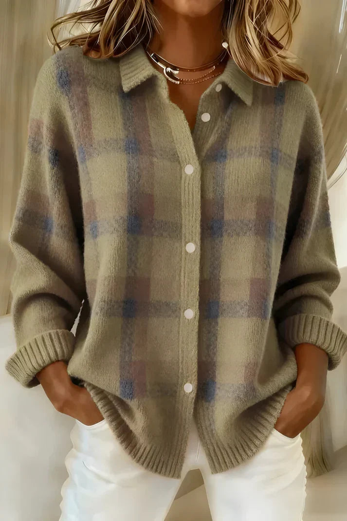 Women's Plaid Knit Cardigan V-Neck Long Sleeve Button-Down Collared Sweater