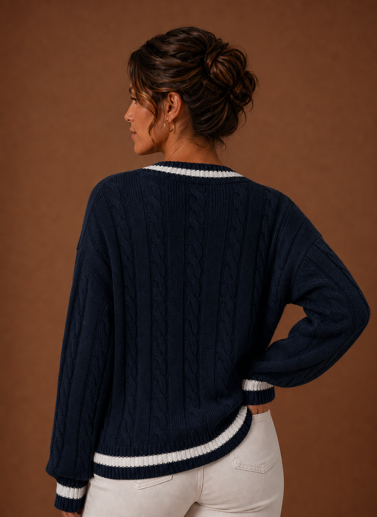 Women's Cable Knit Sweater V-Neck Long Sleeve Pullover Striped Trim Casual