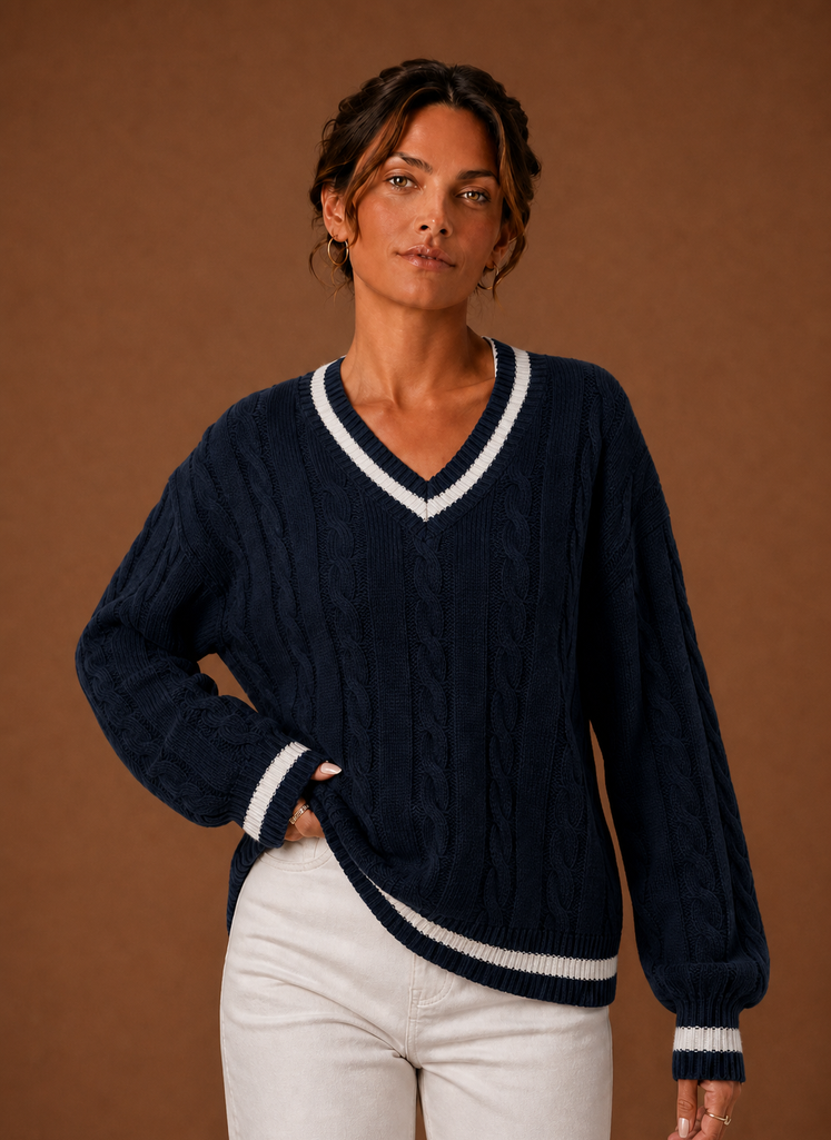 Women's Cable Knit Sweater V-Neck Long Sleeve Pullover Striped Trim Casual