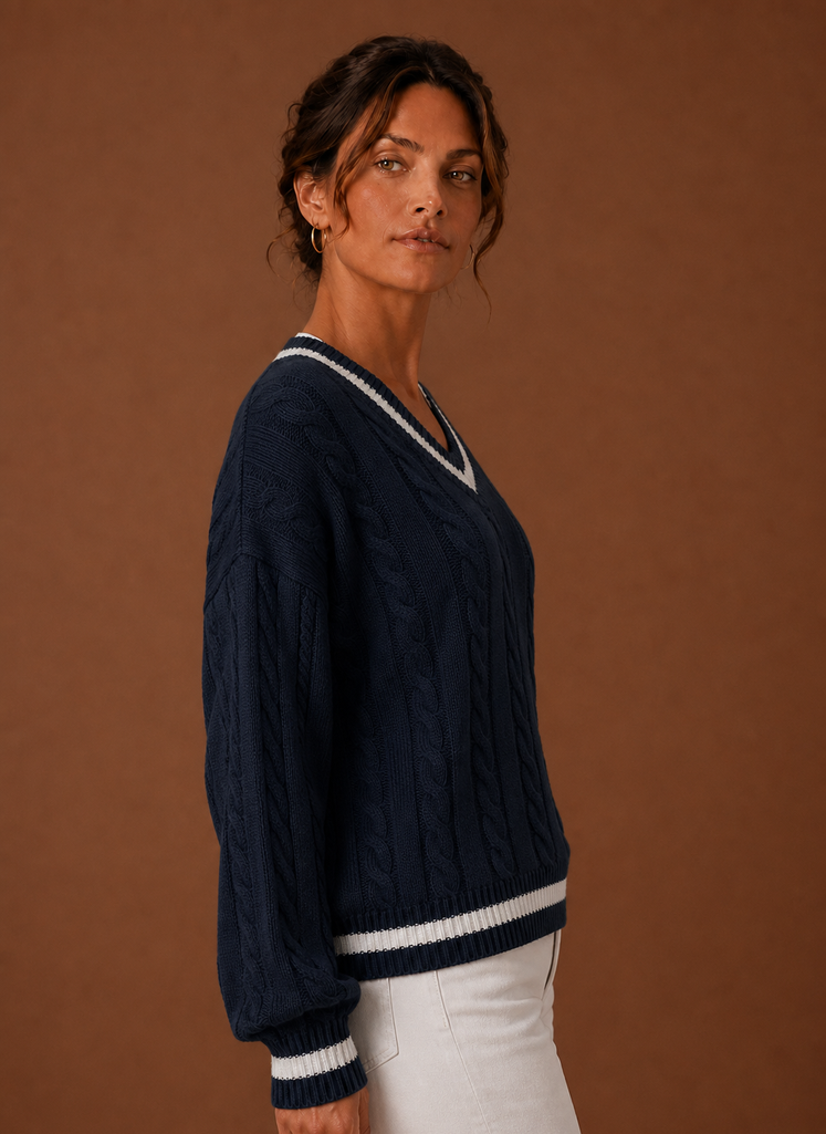Women's Cable Knit Sweater V-Neck Long Sleeve Pullover Striped Trim Casual