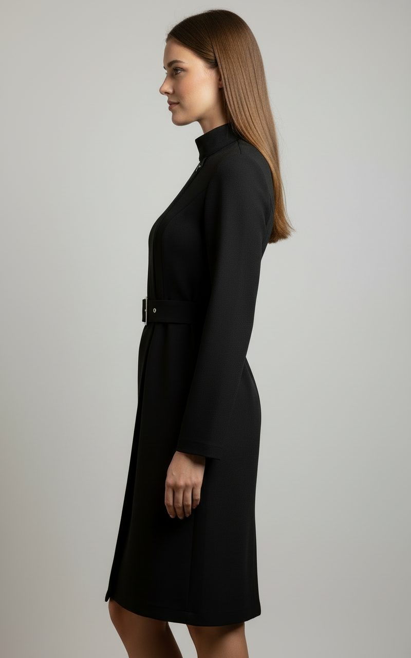 Women's Belted A-Line Dress Asymmetric High Neck Long Sleeve Midi Dress