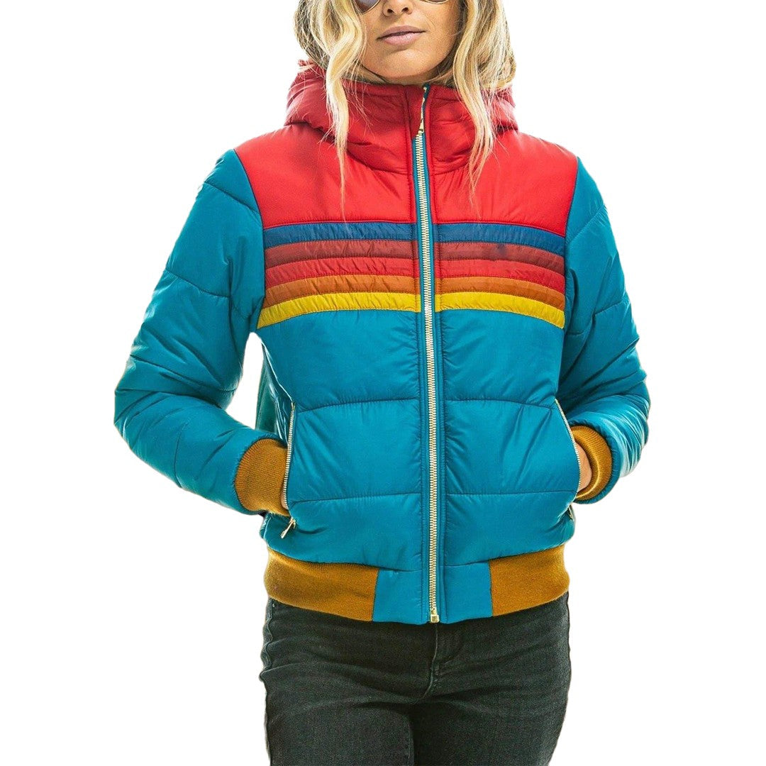 Women's Rainbow Stripe Puffer Jacket Hooded Zip-Up Winter Coat