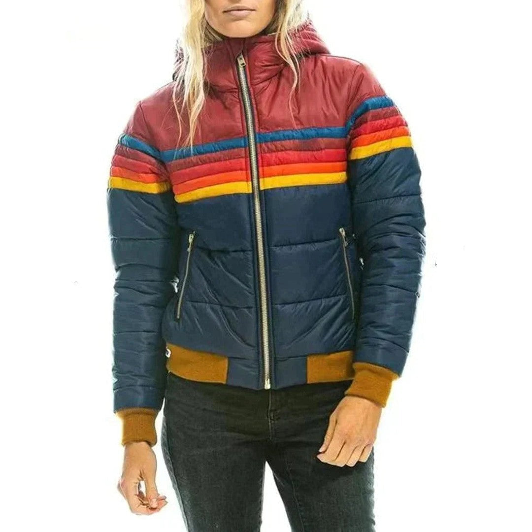 Women's Rainbow Stripe Puffer Jacket Hooded Zip-Up Winter Coat
