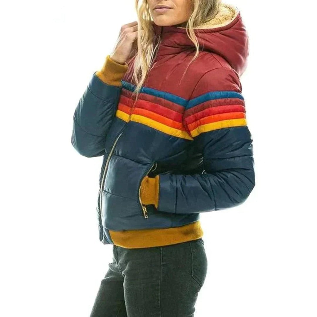 Women's Rainbow Stripe Puffer Jacket Hooded Zip-Up Winter Coat