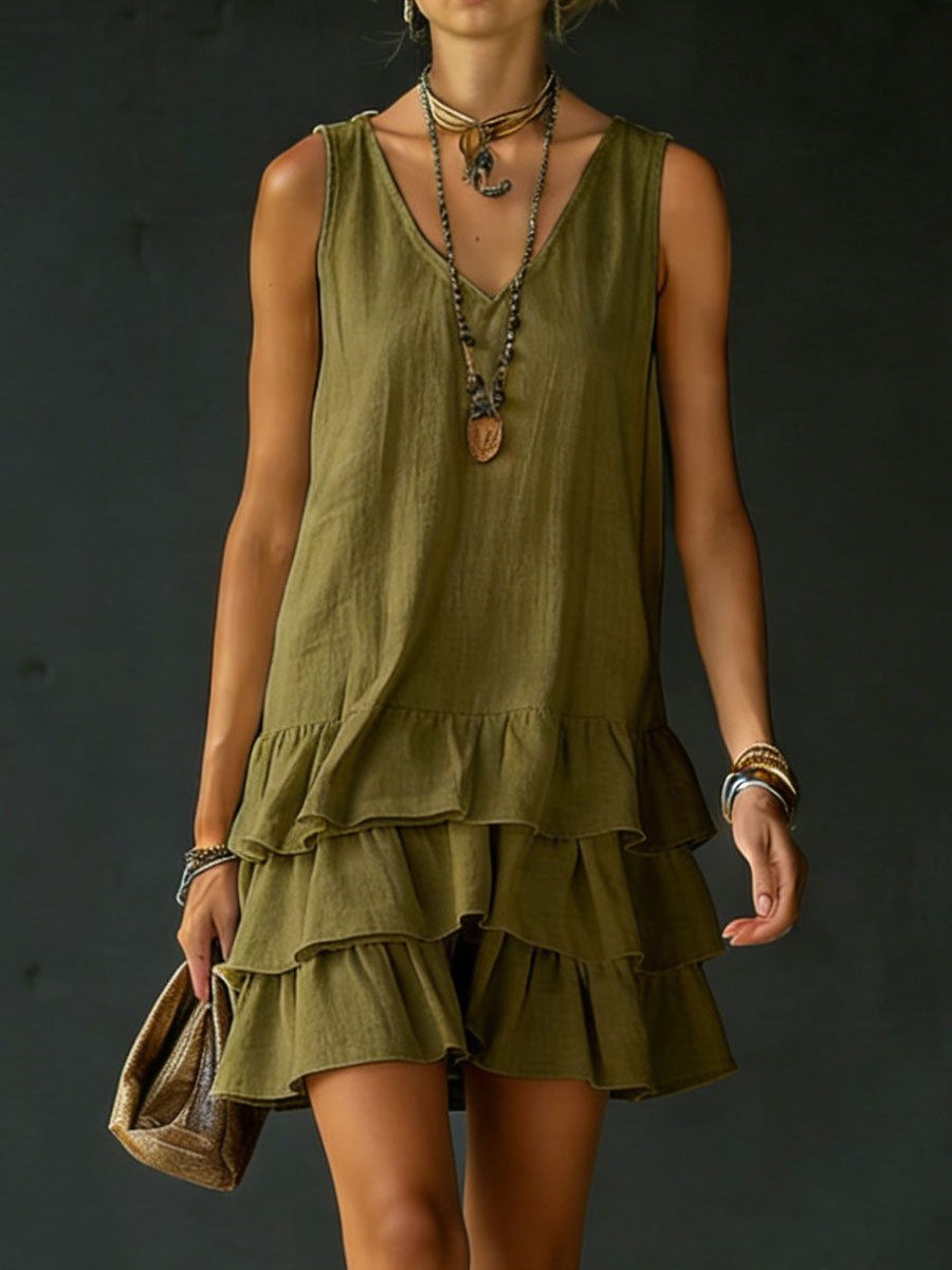 Women's Linen Mini Dress V-Neck Sleeveless Tiered Ruffle Casual Beach