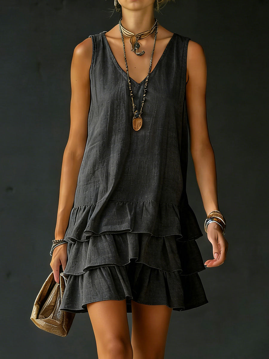 Women's Linen Mini Dress V-Neck Sleeveless Tiered Ruffle Casual Beach