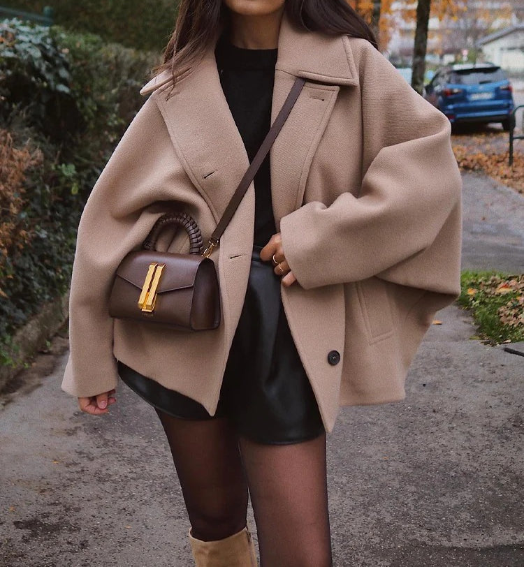 Women's Oversized Cocoon Coat Camel Wide Lapel Button Front Long Sleeve Winter