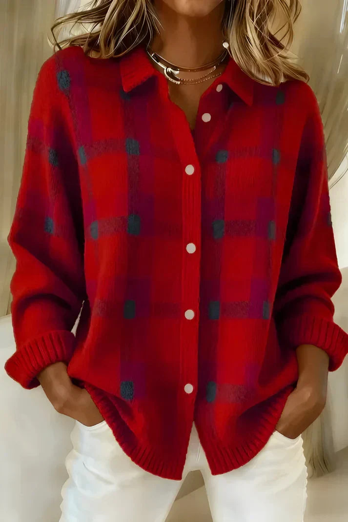 Women's Plaid Knit Cardigan V-Neck Long Sleeve Button-Down Collared Sweater