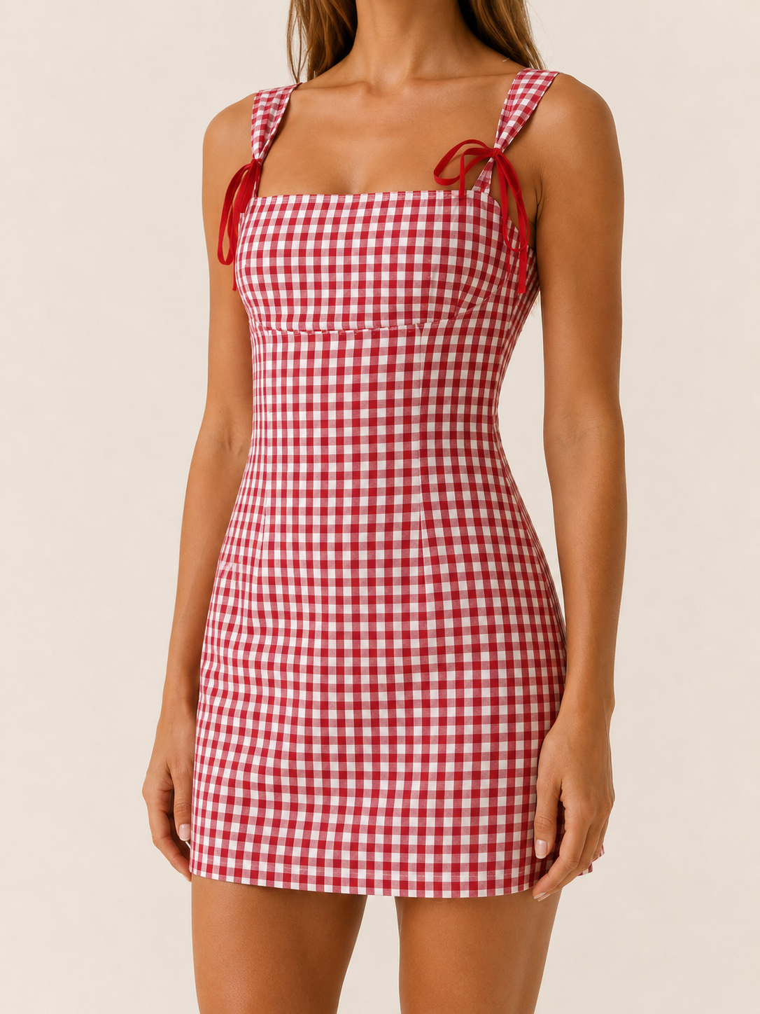 Women's Gingham Mini Dress Square Neck Bodycon Tie Strap Back Cutout Summer