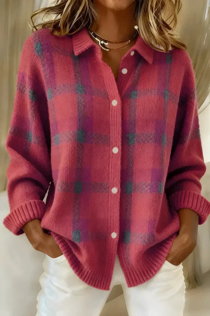 Women's Plaid Knit Cardigan V-Neck Long Sleeve Button-Down Collared Sweater