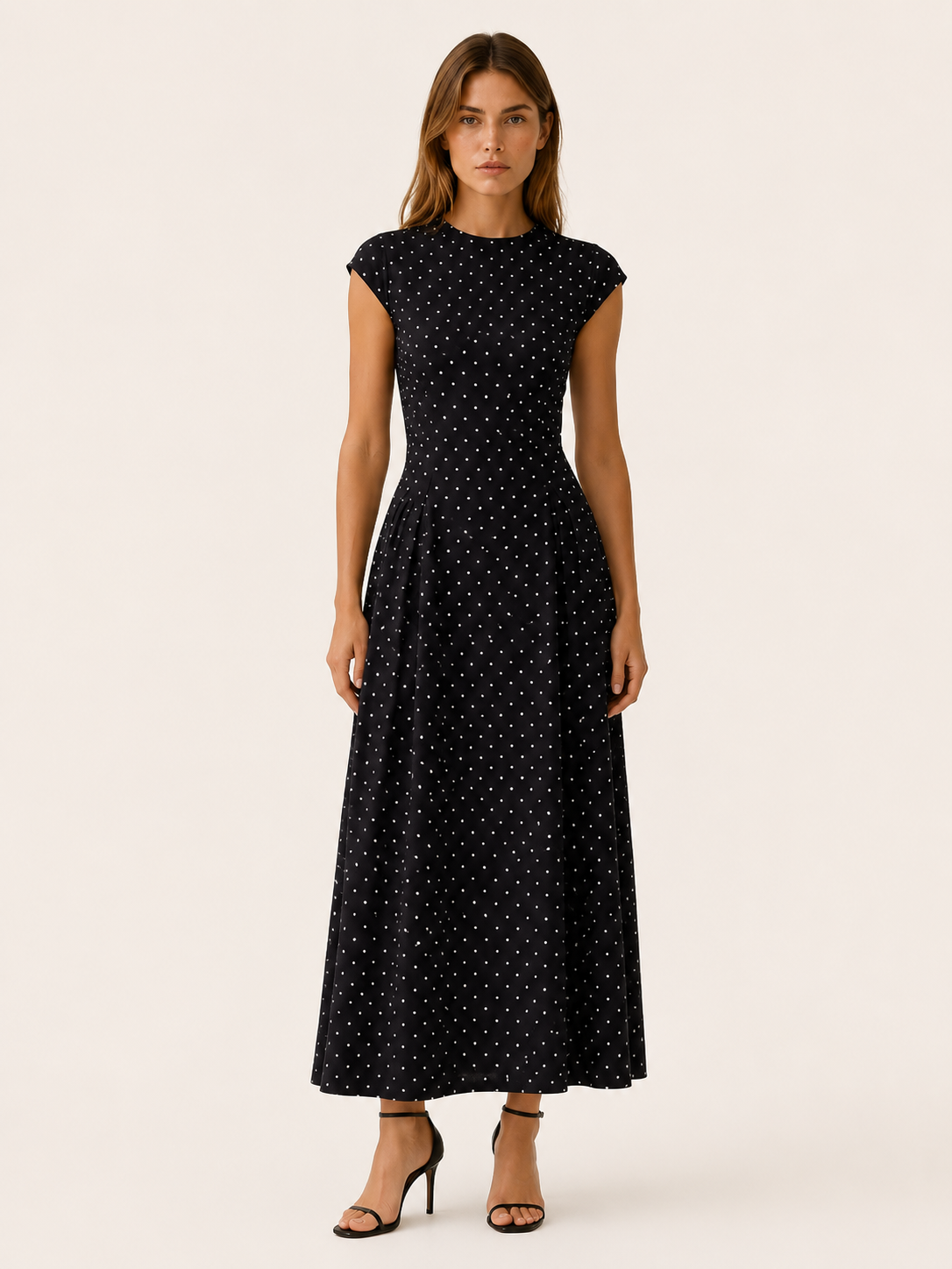 Women's Polka Dot Maxi Dress Cap Sleeve Round Neck A-Line Everyday