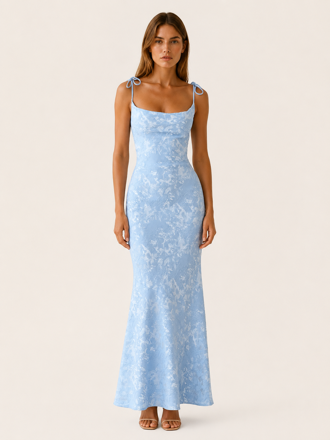 Women's Jacquard Maxi Dress Floral Lace-Up Back Tie Straps Scoop Neck