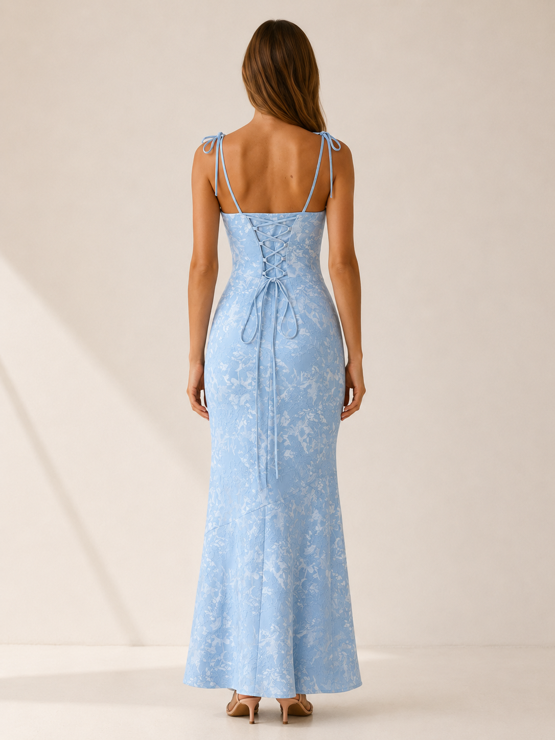 Women's Jacquard Maxi Dress Floral Lace-Up Back Tie Straps Scoop Neck