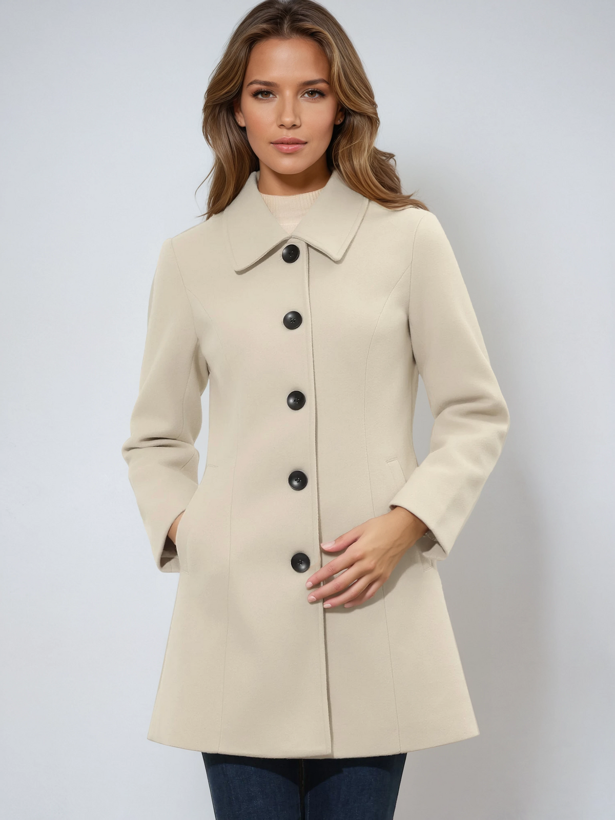 Women's Single Breasted Trench Coat Collared Button-Front Mid-Length Winter Coat