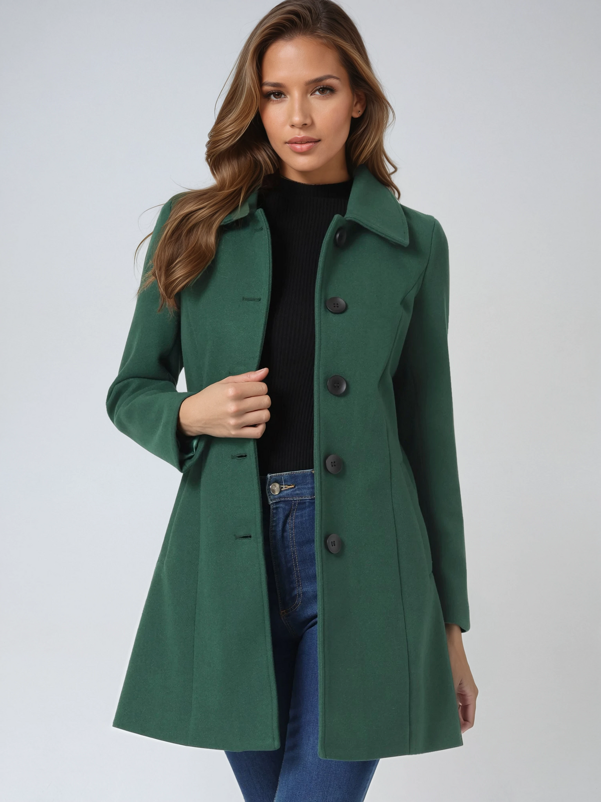 Women's Single Breasted Trench Coat Collared Button-Front Mid-Length Winter Coat