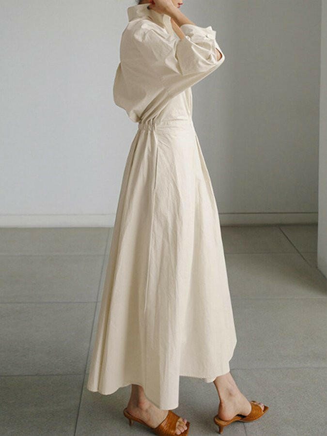 Women's Shirt Dress V-Neck Long Sleeve Belted Pleated Midi Casual