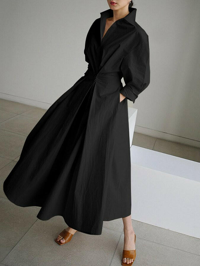 Women's Shirt Dress V-Neck Long Sleeve Belted Pleated Midi Casual