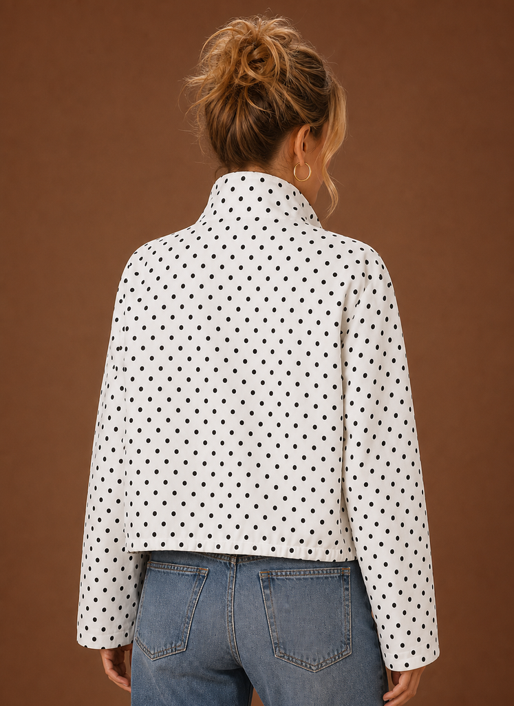 Women's Polka Dot Lightweight Jacket High Neck Zip-Up Drawstring Casual Coat
