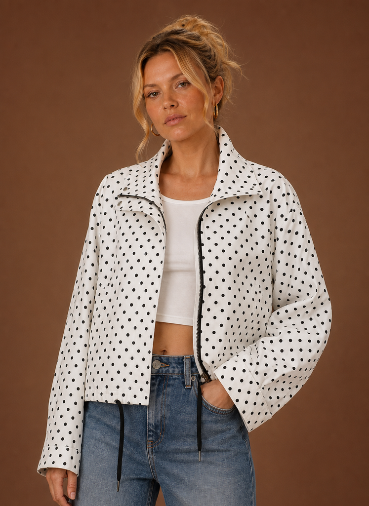 Women's Polka Dot Lightweight Jacket High Neck Zip-Up Drawstring Casual Coat