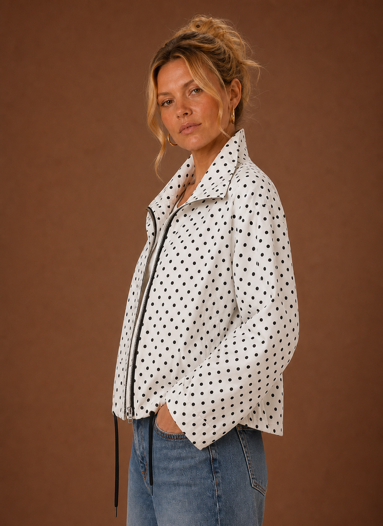Women's Polka Dot Lightweight Jacket High Neck Zip-Up Drawstring Casual Coat