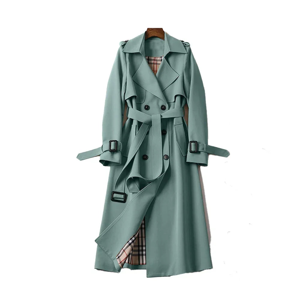 Women's Trench Coat Notched Lapel Double Breasted Belted Long Sleeve