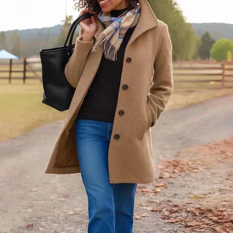 Women's Wool Blend Pea Coat Button Front Long Sleeve Lapel Winter Overcoat