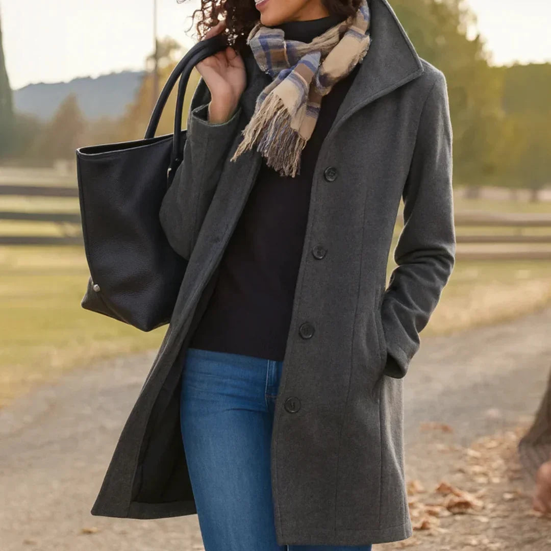 Women's Wool Blend Pea Coat Button Front Long Sleeve Lapel Winter Overcoat