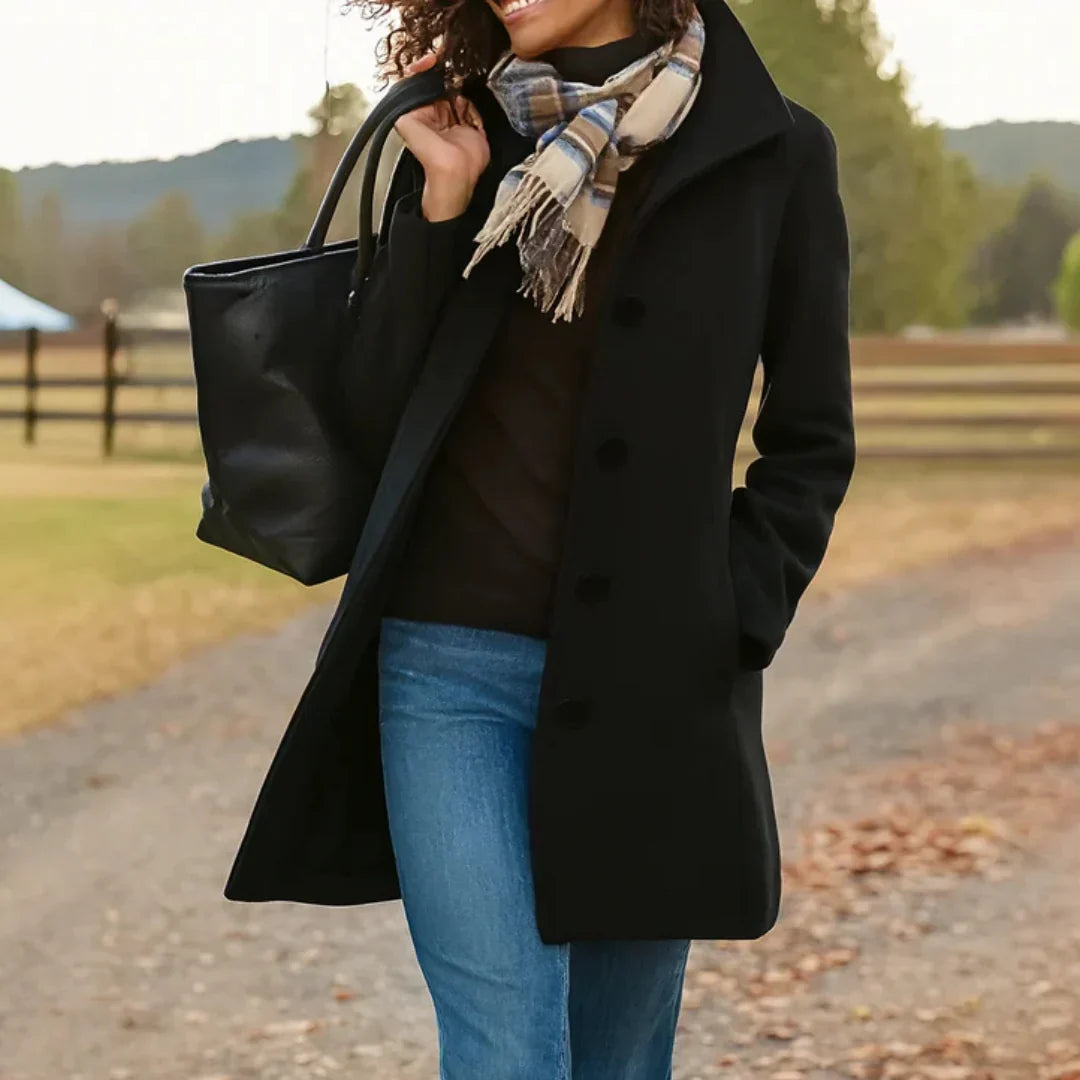 Women's Wool Blend Pea Coat Button Front Long Sleeve Lapel Winter Overcoat