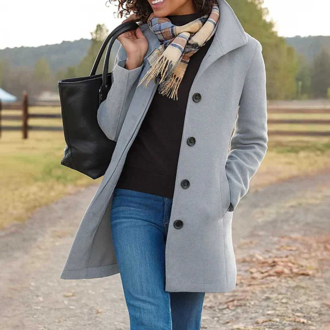 Women's Wool Blend Pea Coat Button Front Long Sleeve Lapel Winter Overcoat