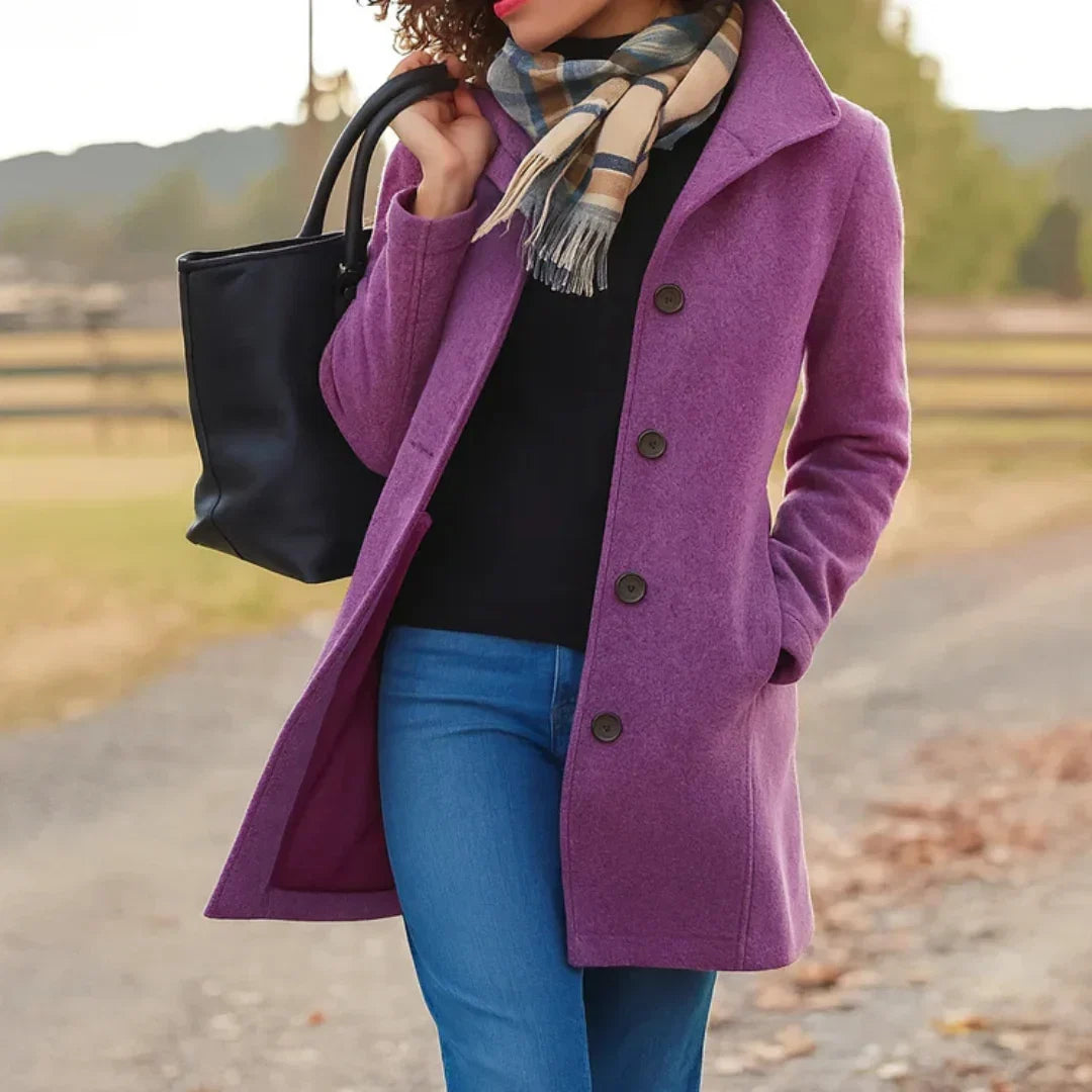 Women's Wool Blend Pea Coat Button Front Long Sleeve Lapel Winter Overcoat
