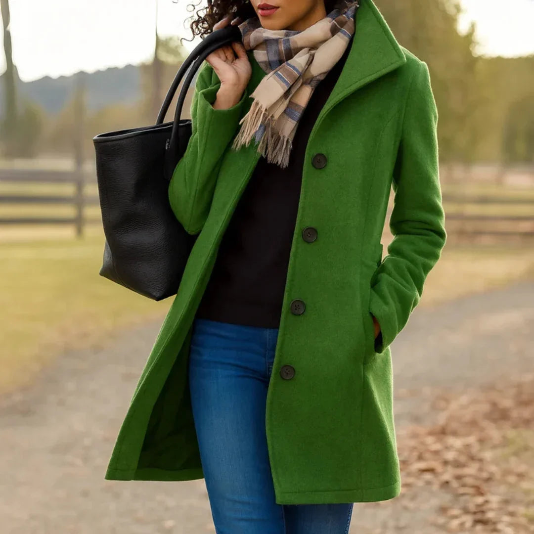 Women's Wool Blend Pea Coat Button Front Long Sleeve Lapel Winter Overcoat