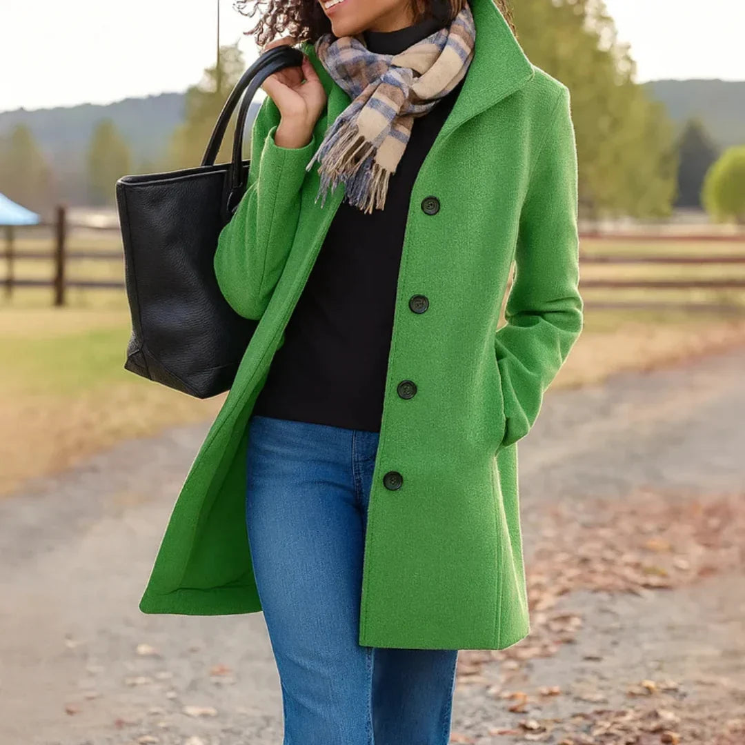 Women's Wool Blend Pea Coat Button Front Long Sleeve Lapel Winter Overcoat