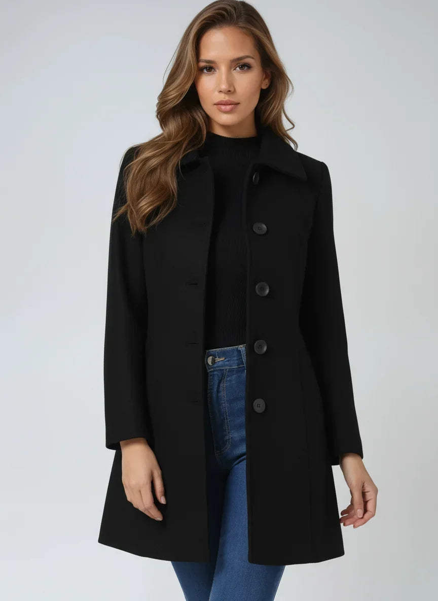 Women's Trench Coat Fit and Flare Button Front Collared Winter Coat