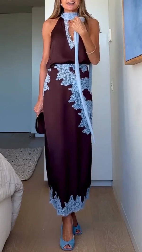 Women's Satin Lace Panel Top & Maxi Skirt Set Halter V-Neck