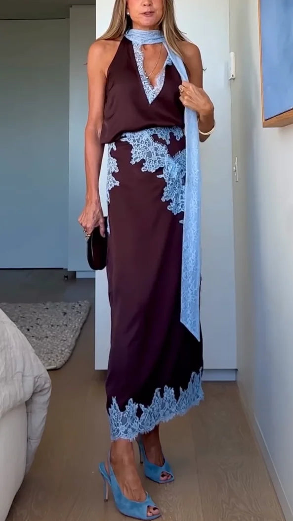 Women's Satin Lace Panel Top & Maxi Skirt Set Halter V-Neck