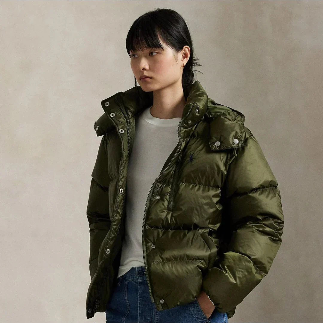 Women's Cropped Puffer Jacket High Collar Hooded Quilted Zip Winter Outerwear